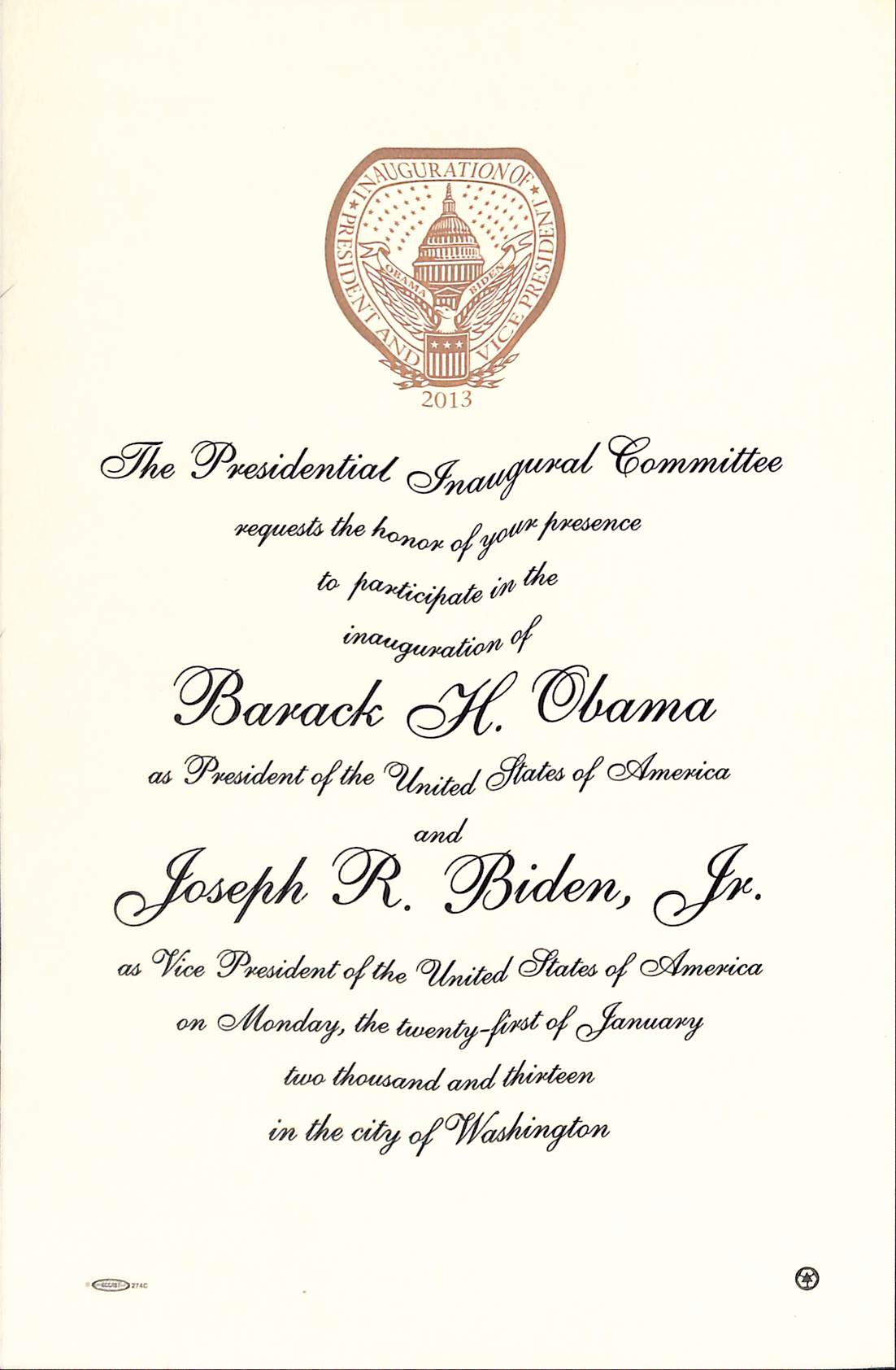 Presidential Inaugural Invitations and Memorabilia from 2009-2013